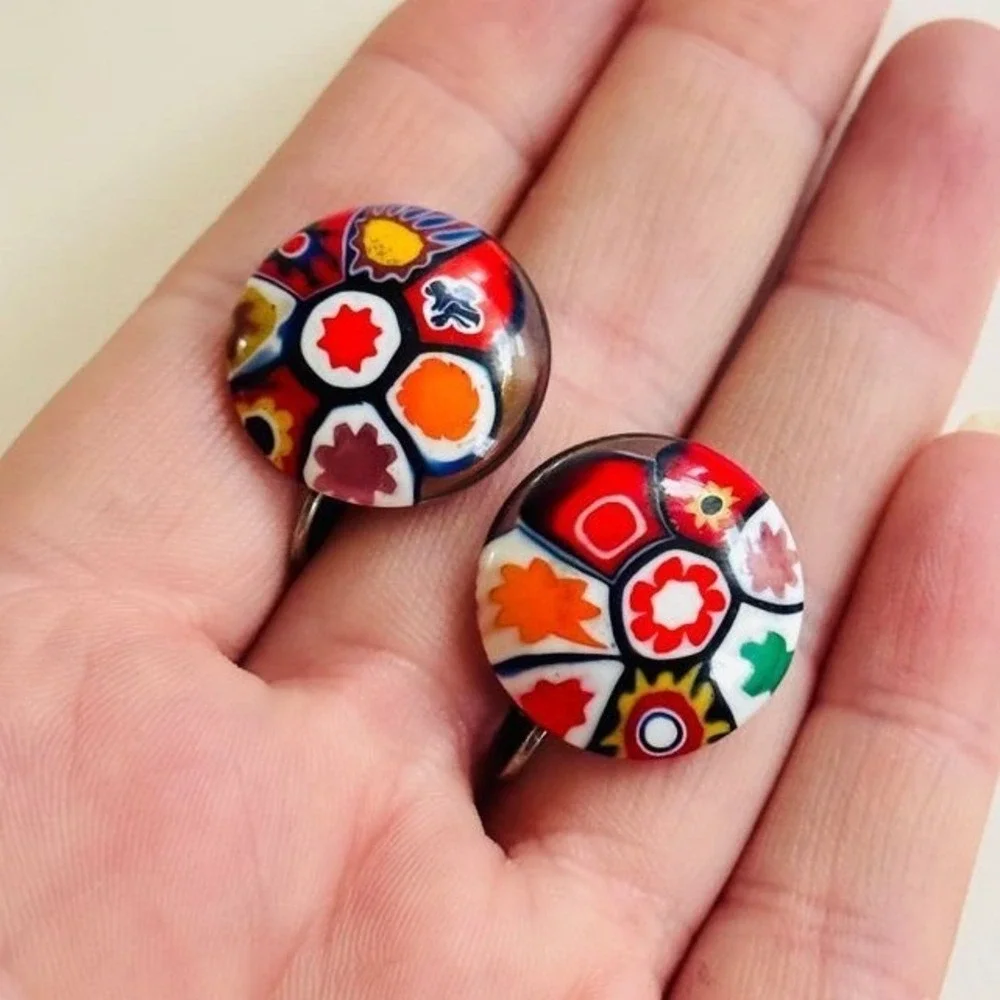 VTG Italy Round Earrings Button Glass Venetian Murano colorful Floral Millefiori